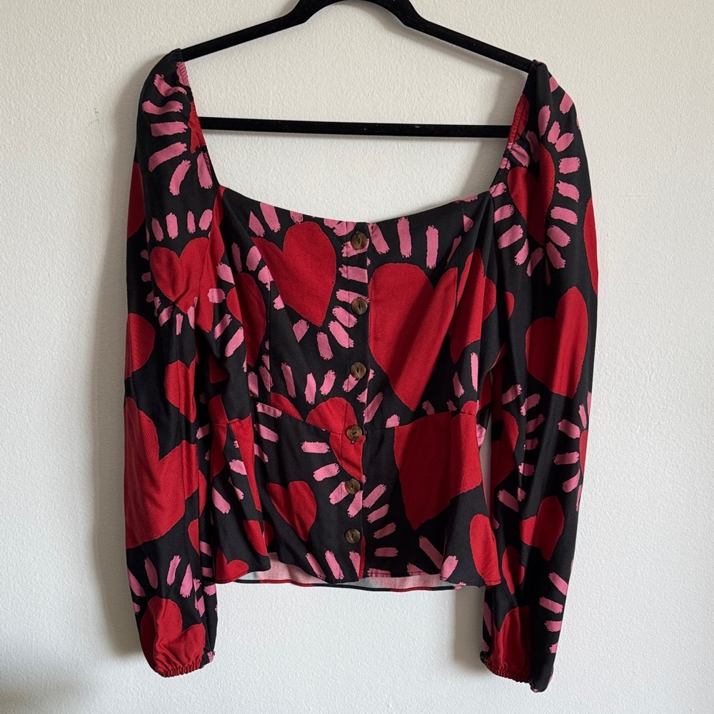 Farm Rio Red and Pink Heart Print Women's Top